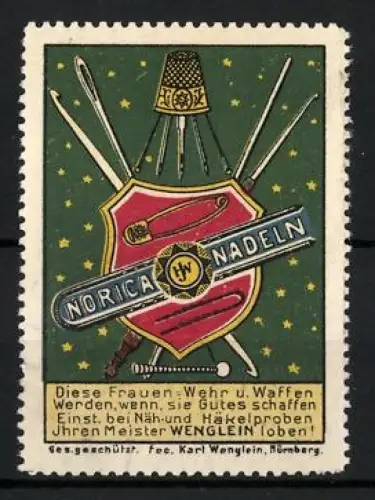Reklamemarke Nürnberg, Norica Nadeln, Nähutensilien und Schild