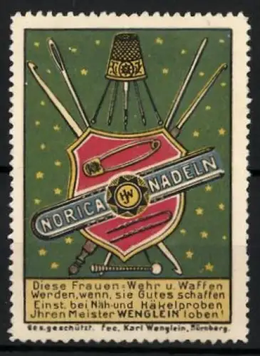 Reklamemarke Nürnberg, H. J. Wenglein, Norica Nadeln, Nadeln und Fingerhut
