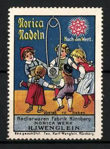 Reklamemarke Nürnberg, H. J. Wenglein, Norica Nadeln, Kinder spielen mit Sicherheitsnadel
