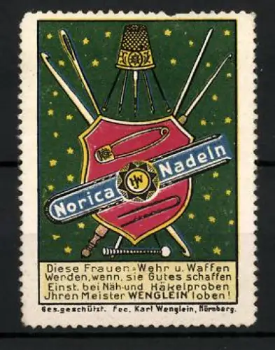 Reklamemarke Nürnberg, H. J. Wenglein, Norica Nadeln, Nähutensilien