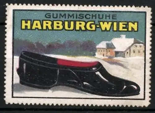 Reklamemarke Harburg-Wien, Gummischuhe, schwarzer Schuh vor verschneiter Landschaft