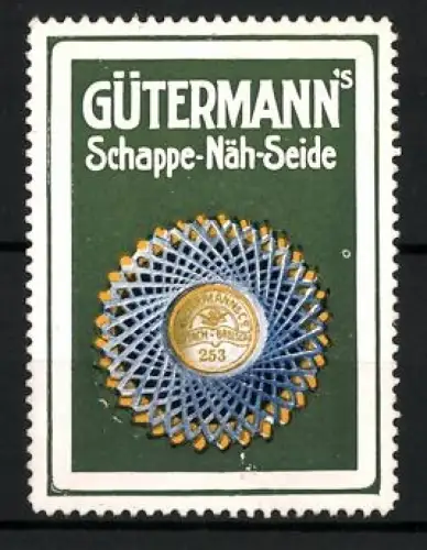 Reklamemarke Gütermann & Co., Gütermann`s Schappe-Näh-Seide, Spule mit Faden