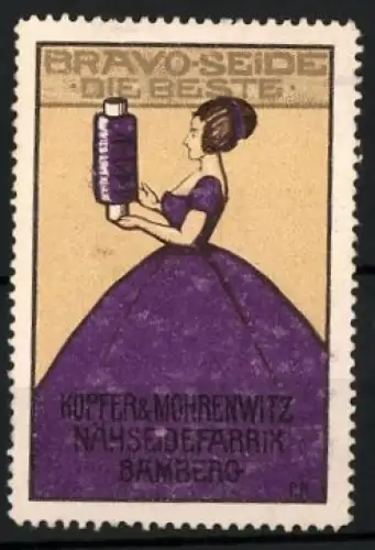 Reklamemarke Bamberg, Kupfer & Mohrenwitz, Nähseidefabrik, Frau mit Garnspule