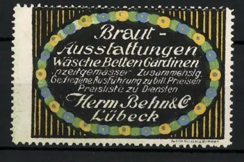 Reklamemarke Lübeck, Herm. Behn & Co., Braut-Ausstattungen, Wäsche, Betten und Gardinen, florales Oval