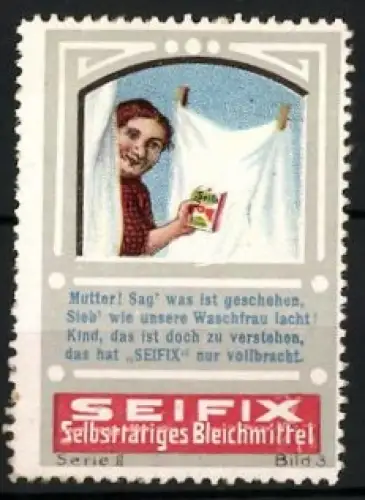 Reklamemarke Seifix, selbsttätiges Bleichmittel, Lächelnde Frau mit einer Bleichmittelpackung