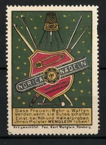 Reklamemarke Nürnberg, Wenglein, Norica Nadeln, Schild mit Nadel und Fingerhut