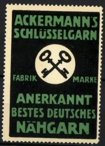 Reklamemarke Ackermann`s Schlüsselgarn, Gekreuzte Schlüssel, grün