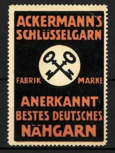Reklamemarke Ackermann`s Schlüsselgarn, Gekreuzte Schlüssel, orange