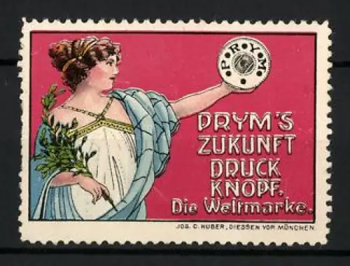 Reklamemarke Prym`s Zukunft Druckknöpfe, Frau mit Lorbeerzweig