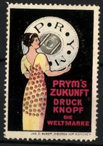 Reklamemarke Prym`s Zukunft Druckknöpfe, Frau mit Druckknopf