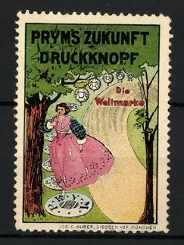 Reklamemarke Prym`s Zukunft Druckknopf, Frau auf einem Waldweg läuft auf Druckknöpfen