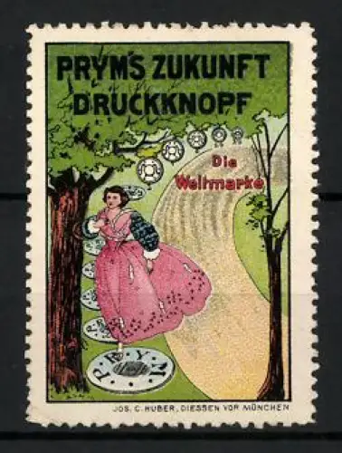 Reklamemarke Prym`s Zukunft Druckknopf, Frau im Wald spaziert über Druckknöpfe