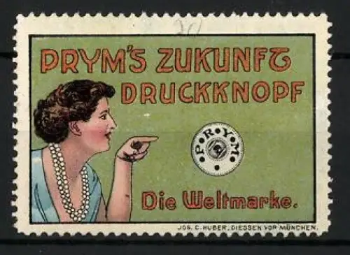 Reklamemarke Prym`s Zukunft Druckknöpfe, Frau zeigt interessiert auf einen Druckknopf