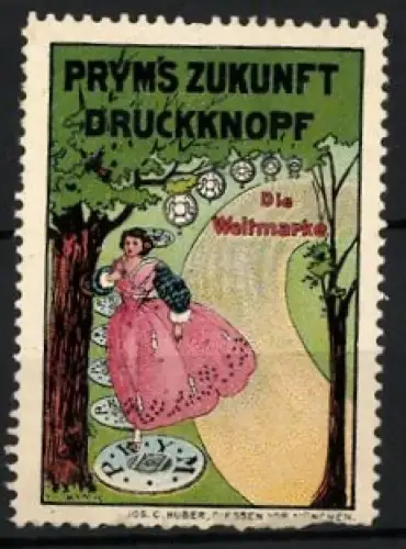 Reklamemarke Prym`s Zukunft Druckknopf, Frau im Wald spaziert über Druckknöpfe