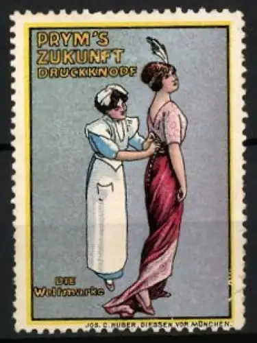 Reklamemarke Prym`s Zukunft Druckknopf, Schneiderin mit Kundin