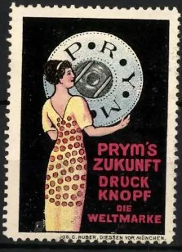 Reklamemarke Prym`s Zukunft Druckknöpfe, Übergrosser Druckknopf und Frau im Kleid
