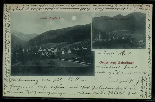 Mondschein-AK Übelbach, Totalansicht mit Kirche und Vormarkt