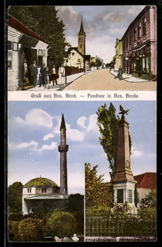 AK Bos. Brod, Strassenpartie im Zentrum, Moschee, Kriegerdenkmal
