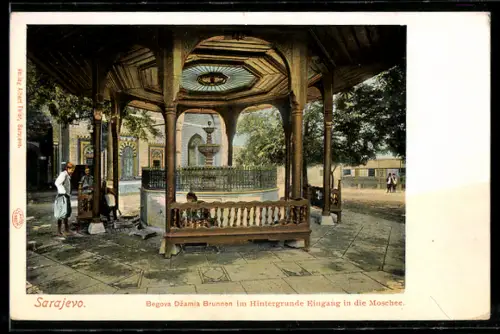 AK Sarajevo, Begova Dzamia Brunnen im Hintergrunde Eingang in die Moschee