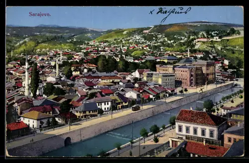 AK Sarajevo, Panorama mit Strassenbahn