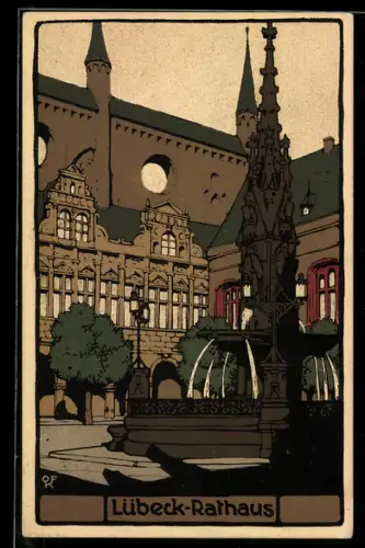 Steindruck-AK Lübeck, Rathaus mit Brunnen
