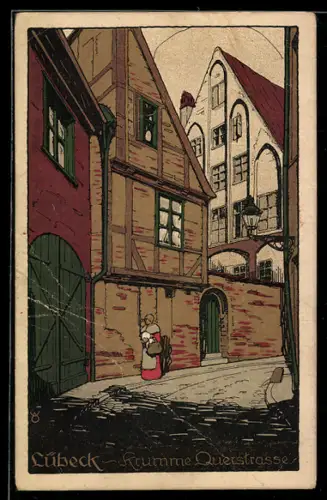Steindruck-AK Lübeck, Krumme Querstrasse