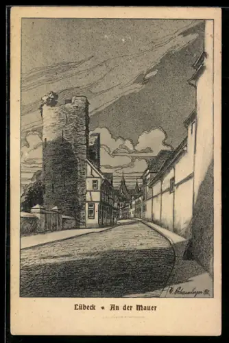 Künstler-AK Lübeck, Strassenpartie an der Mauer