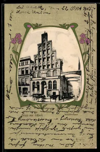 Lithographie Lübeck, Schifferhaus, Blumen, Passepartout