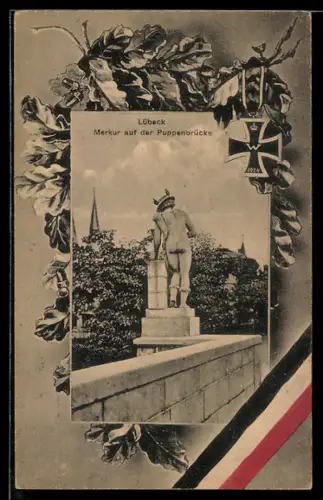 AK Lübeck, Merkur auf der Puppenbrücke, Eichenzweige, Passepartout