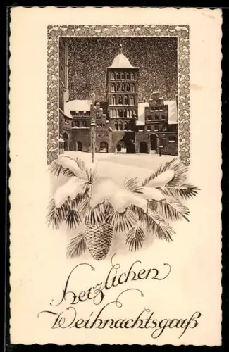 AK Lübeck, Burgtor bei Schneefall, Tannenzapfen, Weihnachtsgruss, Passepartout