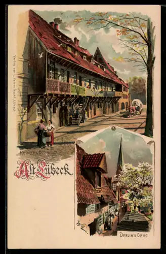 Lithographie Alt-Lübeck, Strassenpartie Derlins Gang im Herbst