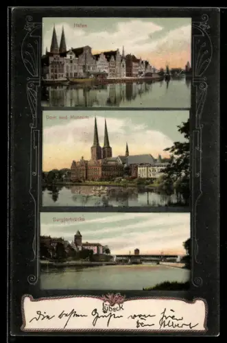 AK Lübeck, Hafen, Dom und Museum, Burgtorbrücke