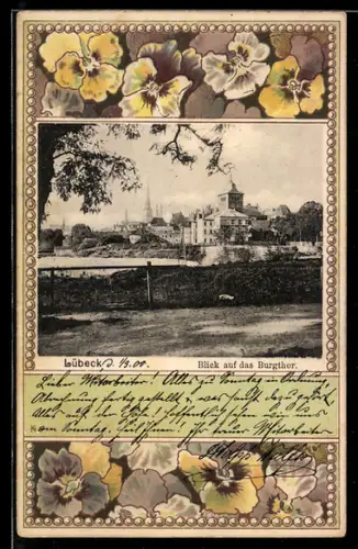 Passepartout-Lithographie Lübeck, Blick auf das Burgthor, Stiefmütterchen