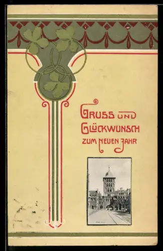 AK Lübeck, Burgtor mit Strassenpartie, Kleeblätter, Passepartout
