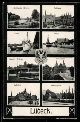 AK Lübeck, Rathaus, Holstentor, Bahnhof mit Strassenbahn