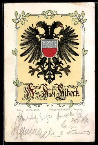 Künstler-AK Lübeck, Doppelköpfiger Adler mit Stradtwappen