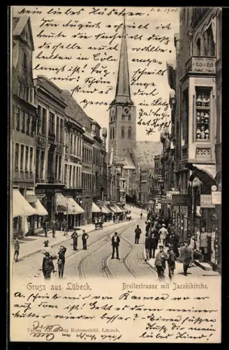 AK Lübeck, Breitestrasse mit Geschäften und Jacobikirche