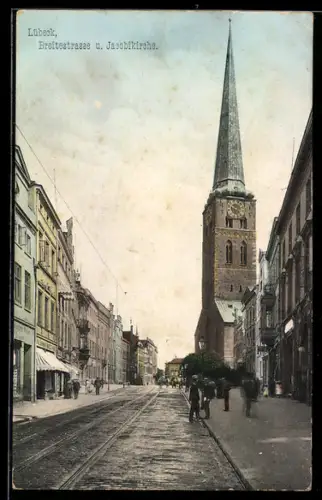AK Lübeck, Breitestrasse mit Geschäften und Jacobikirche