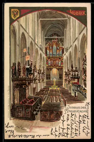 Lithographie Lübeck, Inneres der Marien-Kirche