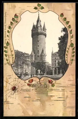 Lithographie Frankfurt a. M., Eschenheimer Tor, Spinnennetz, Passepartout