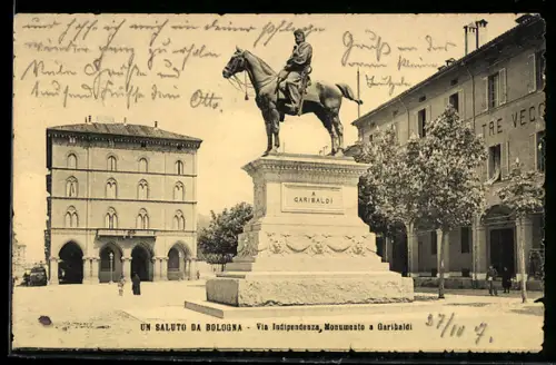 AK Bologna, Via Indipendenza, Monumento a Garibaldi
