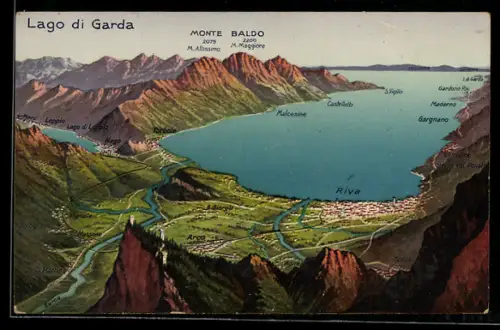 Künstler-AK Riva del Garda, Gardasee-Panorama mit Riva und Monte Baldo