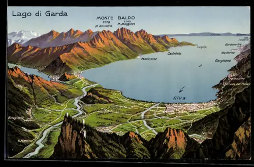 Künstler-AK Riva /Lago di Garda, Gardasee mit Torbole, Riva, Arco, Monte Baldo