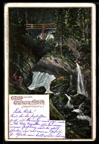 Künstler-AK Gollinger Fälle, Oberer Wasserfall mit Beobachterplattform und Waldstück