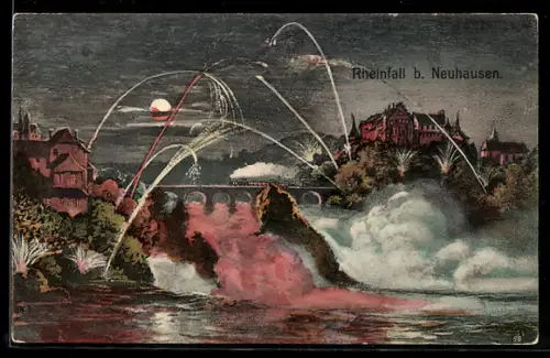 AK Neuhausen, Rheinfall bei Nacht mit Feuerwerk