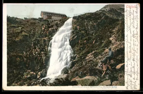AK Elbfall, Wanderer sitzt am Wasserfall