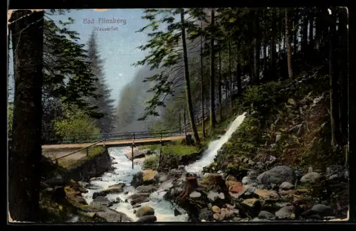 AK Bad Flinsberg, Wasserfall im Wald mit Brücke