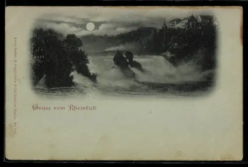 Mondschein-AK Rheinfall und Schloss auf dem Berg
