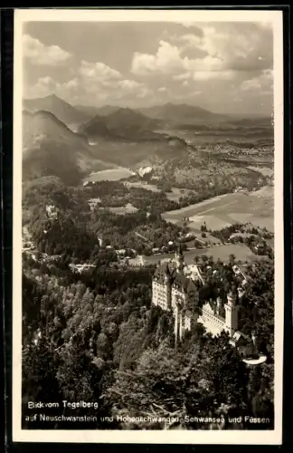 AK Schloss Neuschwanstein vom Tegelberg gesehen, mit Schwansee und Füssen