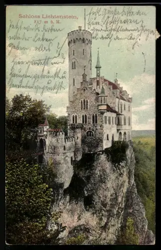 AK Schloss Lichtenstein mit anliegendem Wald und Klippe